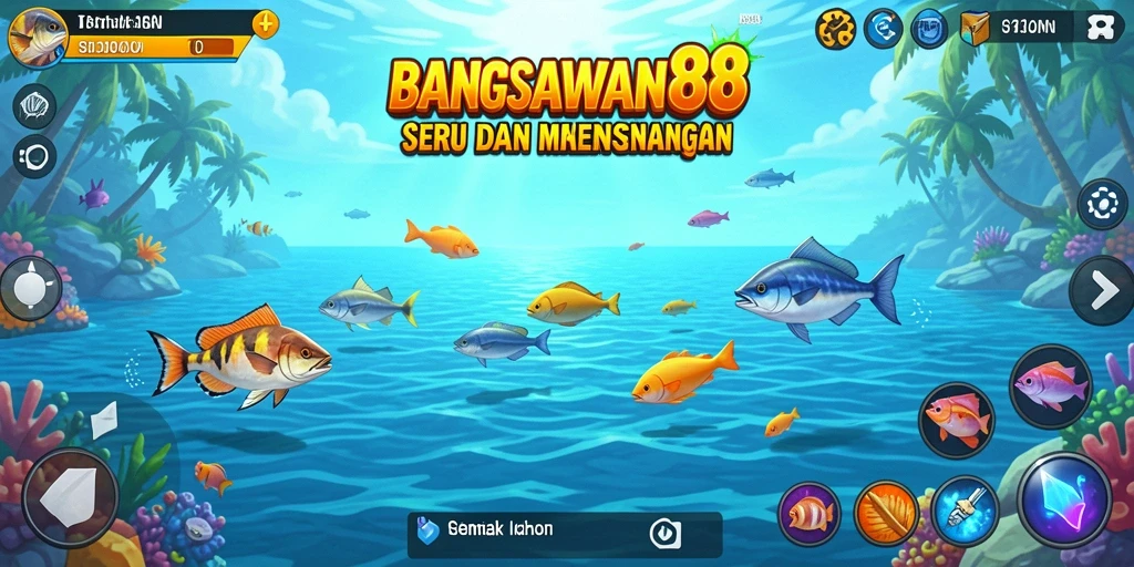 Tampilan gameplay seru dalam BANGSAWAN88, menangkap ikan berwarna-warni.