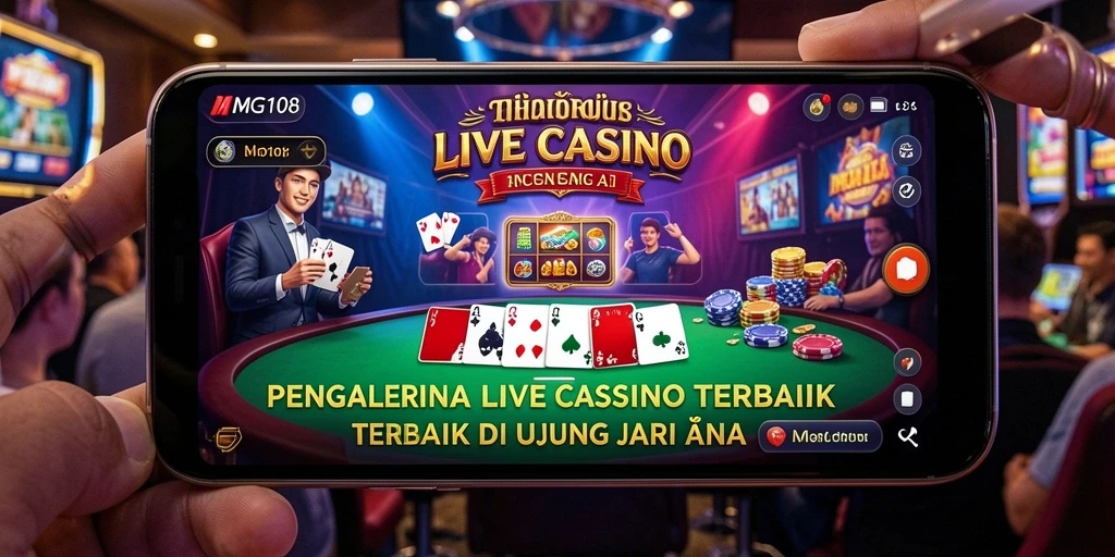 Screenshot utama MG108 menampilkan dealer nyata dan suasana permainan Live Casino.