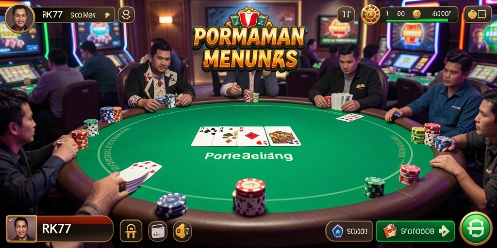 Tampilan utama gameplay RK77 yang menampilkan serunya bermain poker.