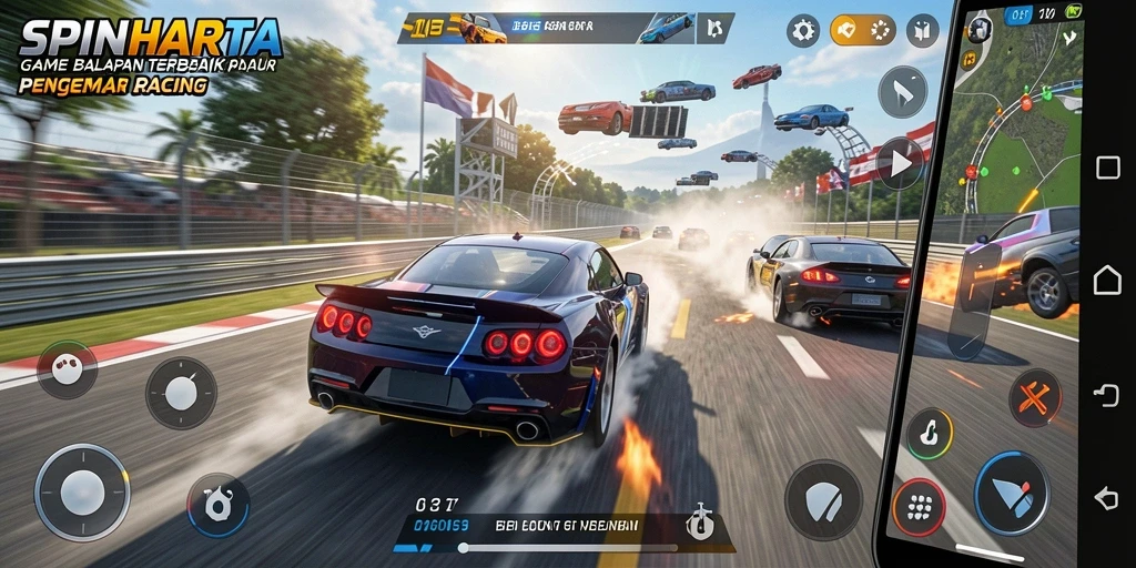 Tampilan gameplay SPINHARTA yang menakjubkan dengan mobil balap yang beraksi di jalur.